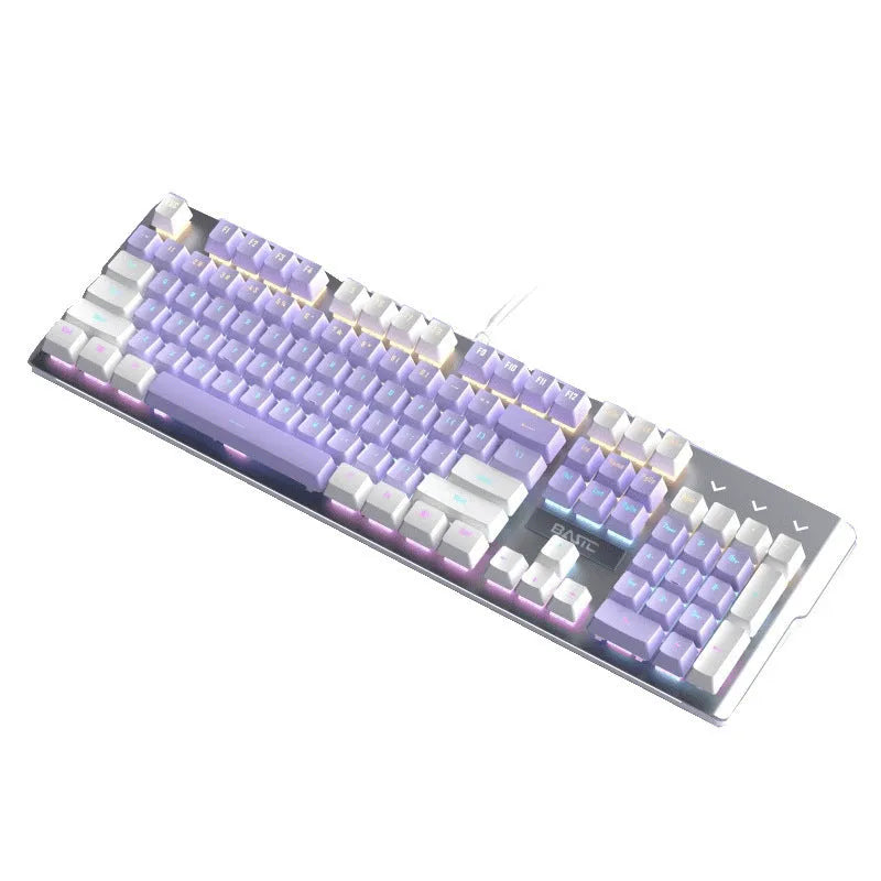 Purple and white mechanical keyboard and mouse set with matching headphones on desk
