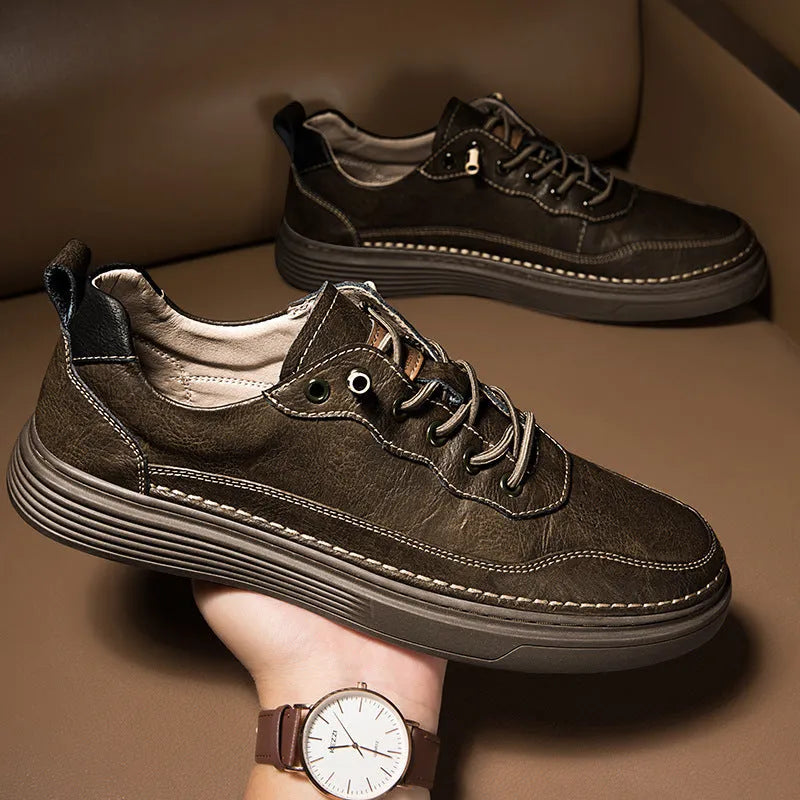 Versatile sports casual low-top cowhide flat shoes in black with front lace-up and round toe
