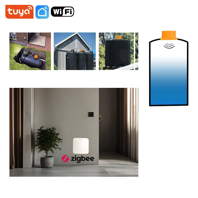 Moray ME201W wireless fluid level sensor with PC housing for remote tank monitoring via smartphone app.