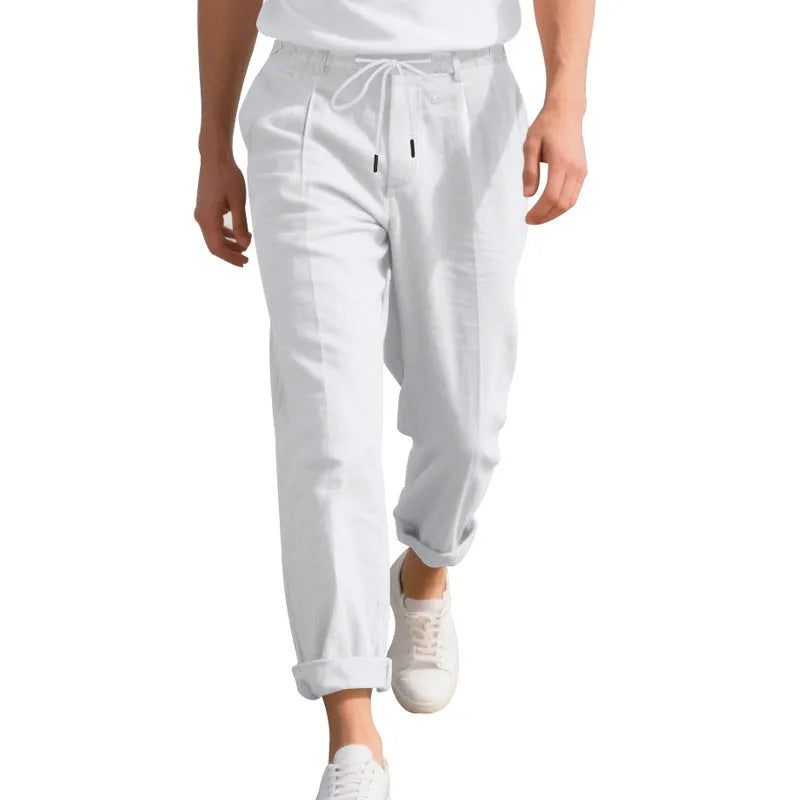 Men's linen casual pants in straight-leg style with drawstring waist in various colours