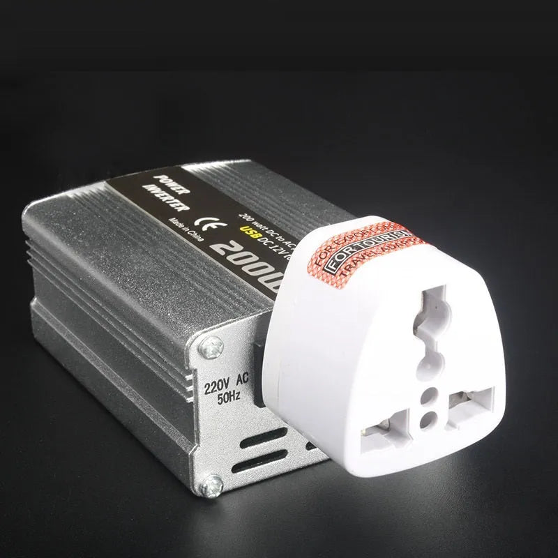 Silver 200W car inverter with USB port, 12V plug, and die-cast aluminium casing