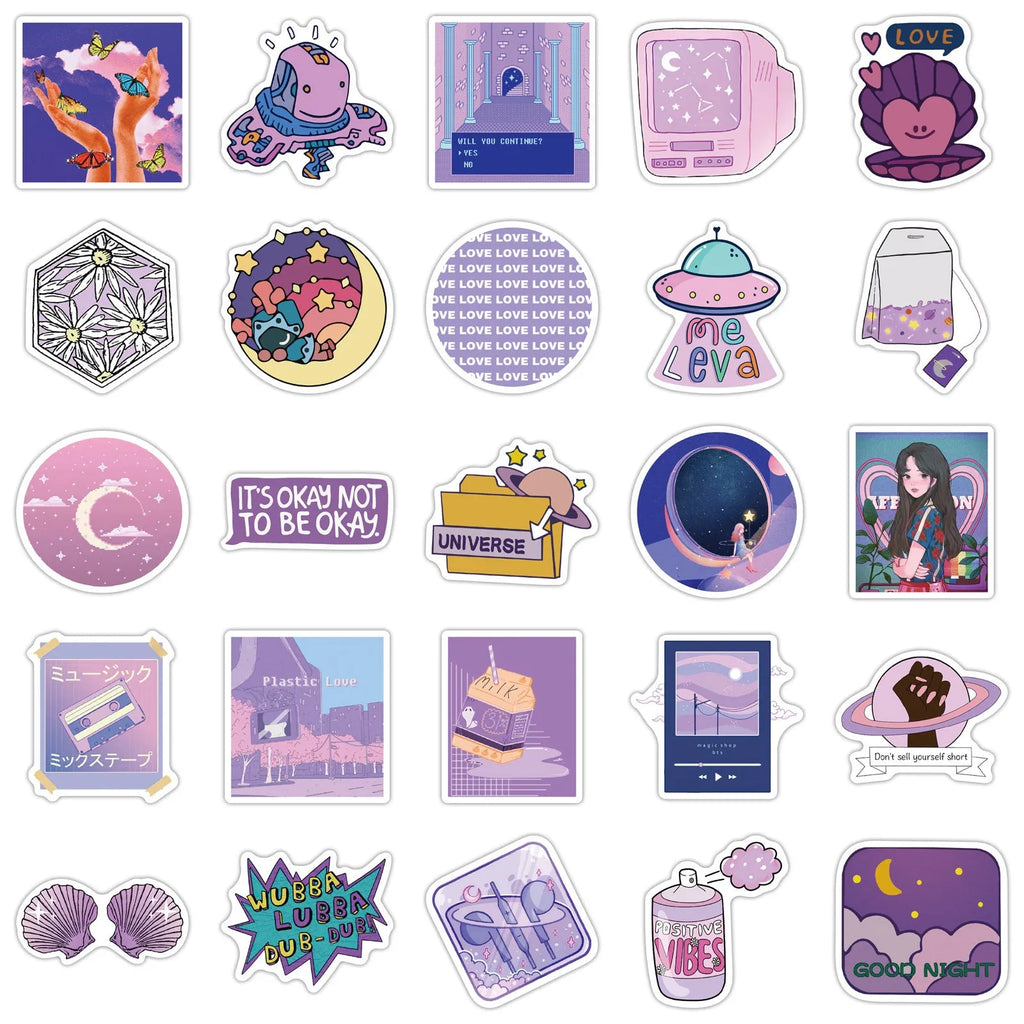 Cute purple graffiti stickers, 50 self-adhesive decals in colourful cartoon skin pattern, 4-6cm