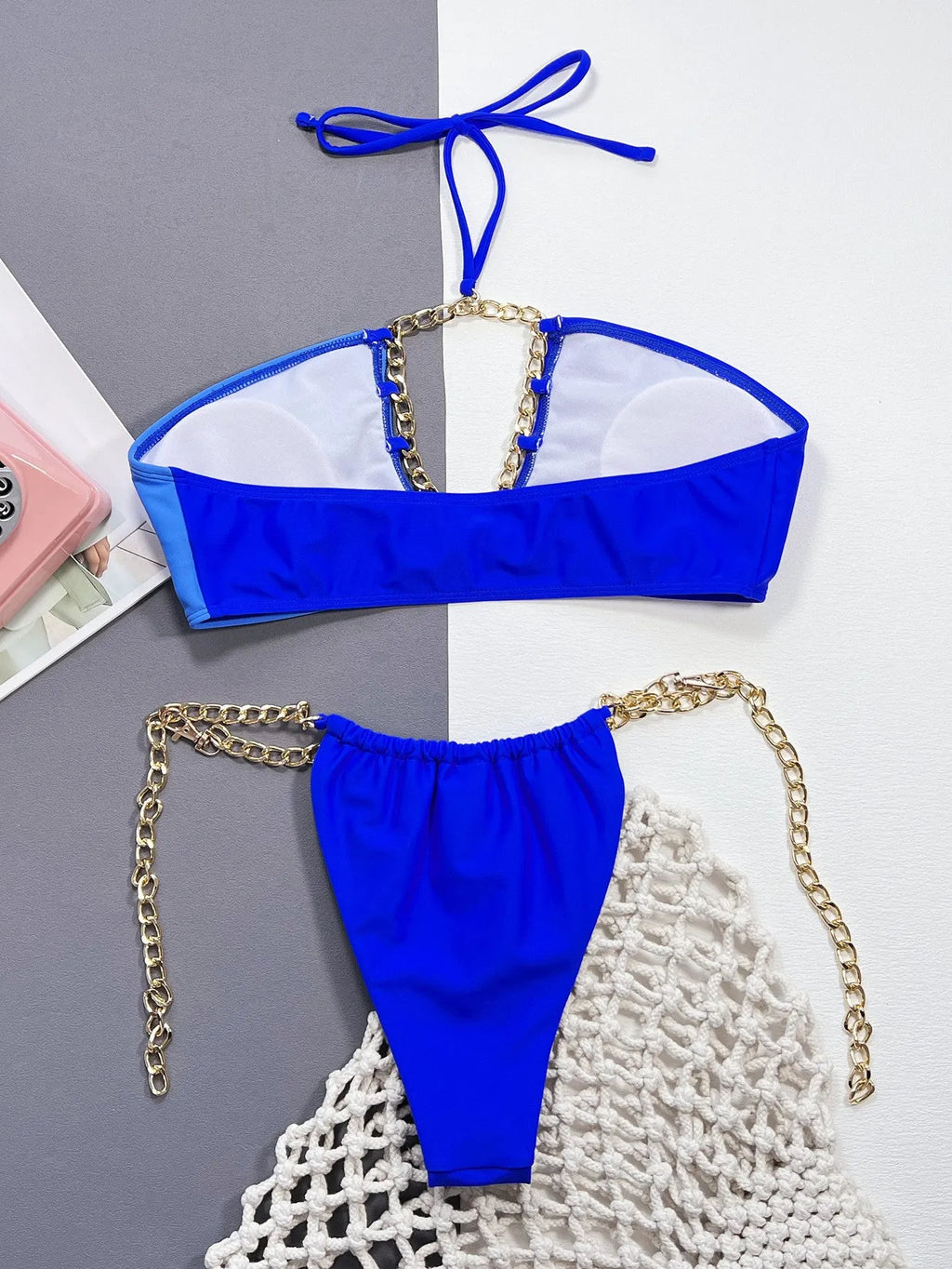 Solid blue women's bikini swimsuit set with top and bottom pieces