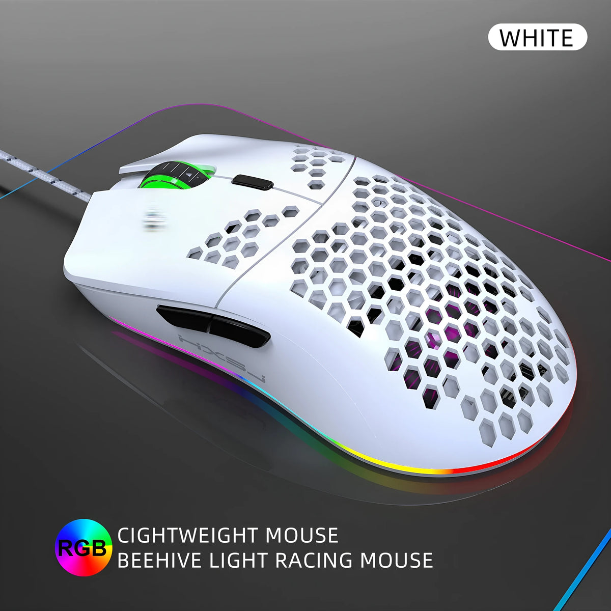 J900 honeycomb shell gaming mouse with RGB lighting on a desk