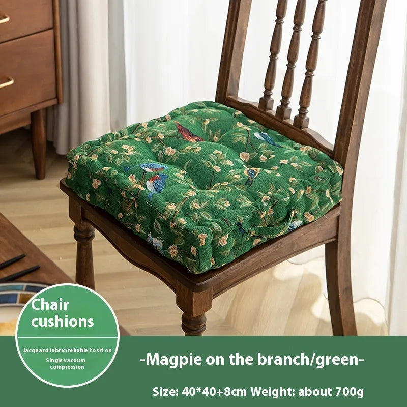 American style square dining chair cushion in apricot colour with floral bird pattern, showing 8cm thickness.