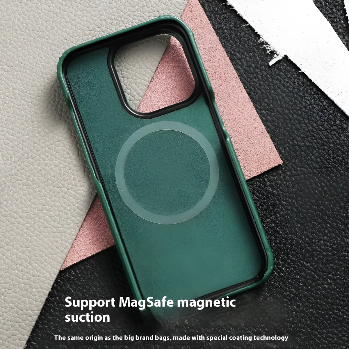 First layer cowhide magnetic phone case in black on iPhone 16 showing half-pack rear coverage