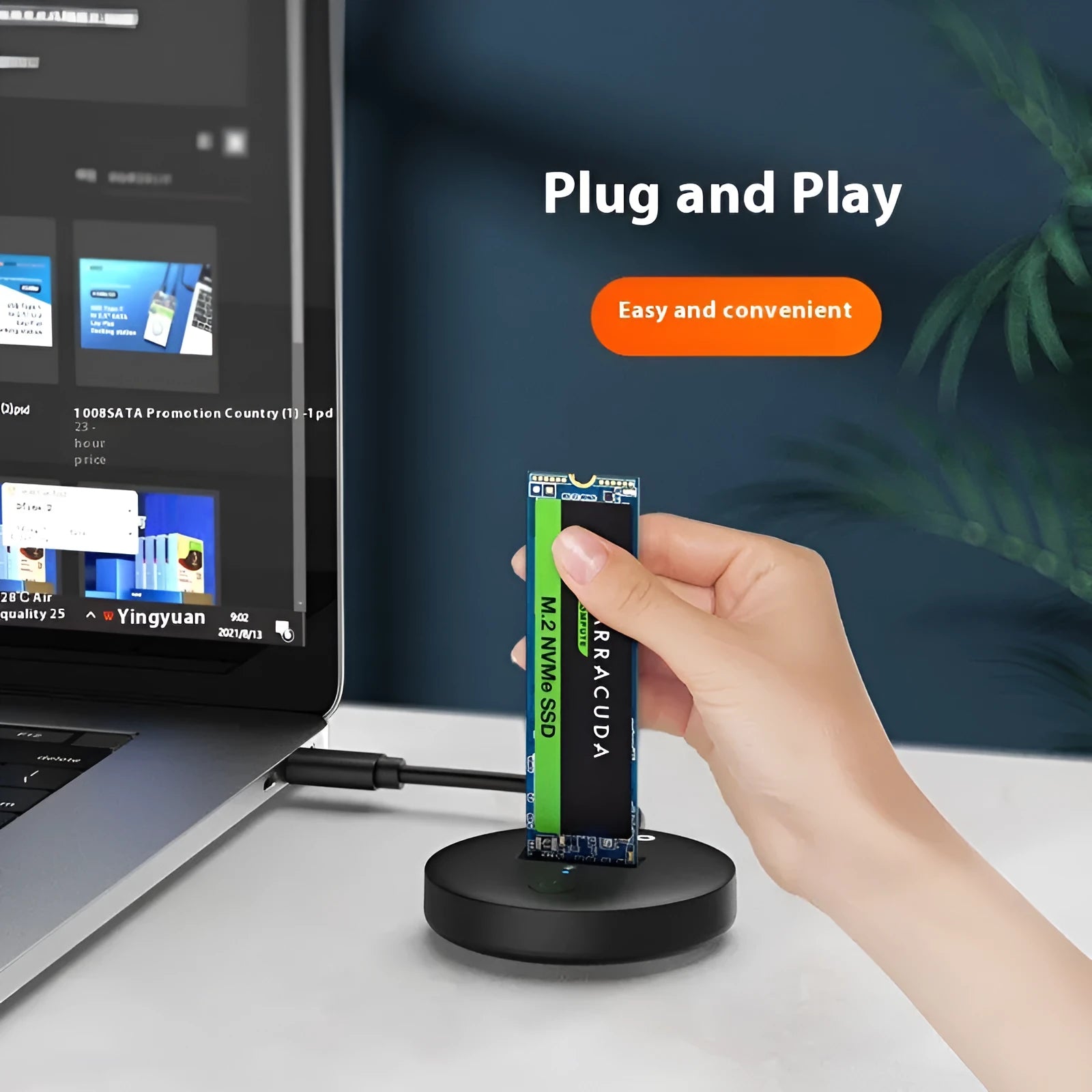 Black external hard disk enclosure for solid state drives with USB Type-C port