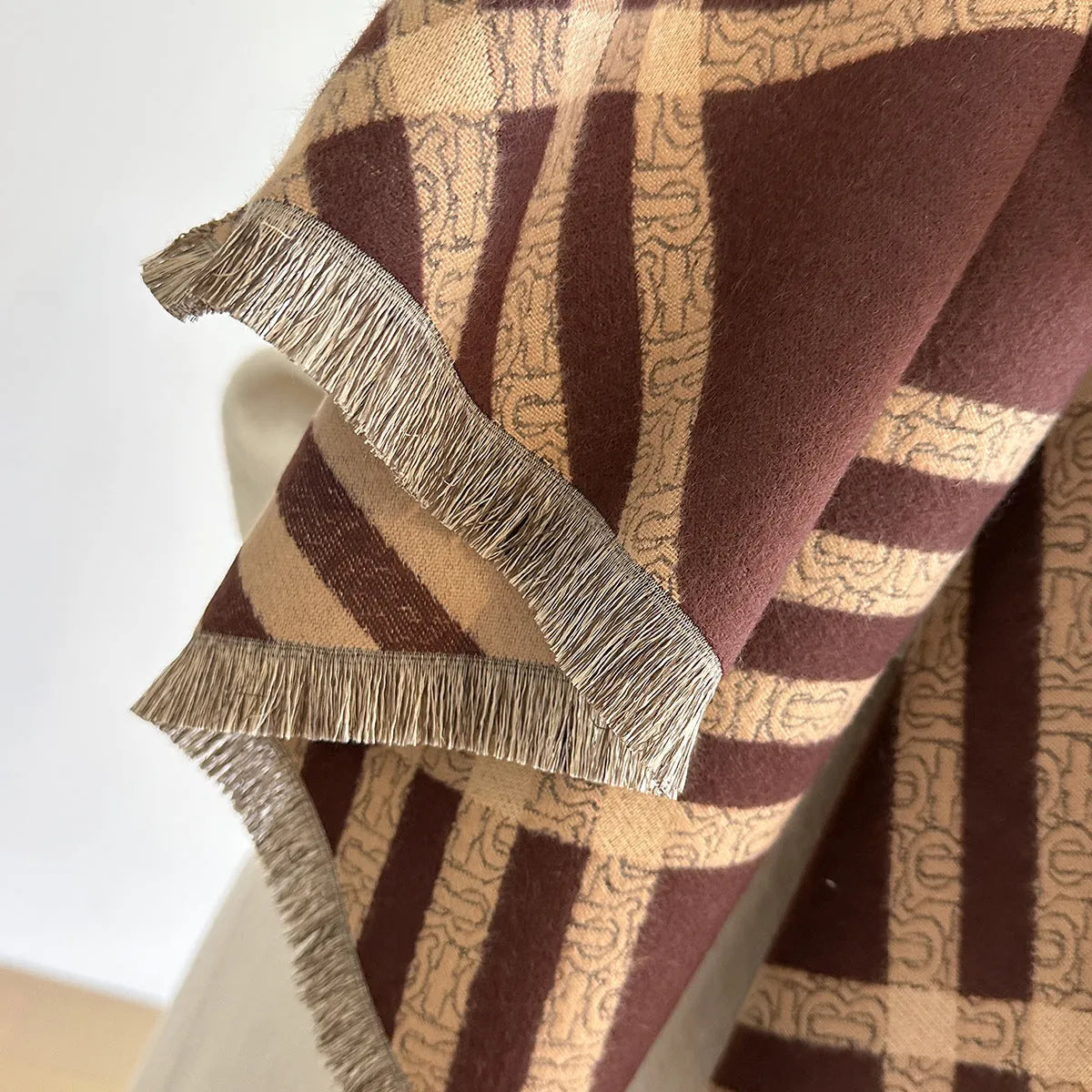Qianjin imitation cashmere winter scarf with tassels in brown colour showing 185cm length