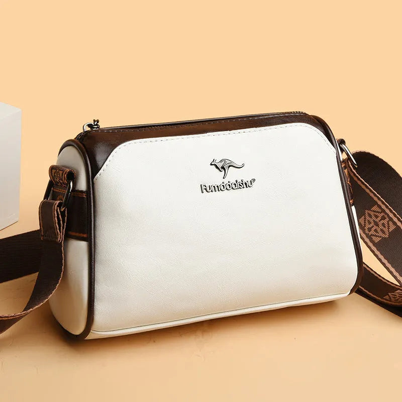 Women's oil wax leather crossbody bag in brown, double-sided design, soft PU material