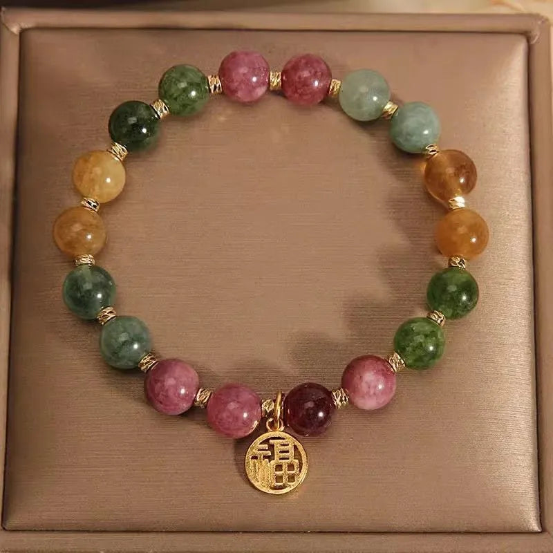 Natural tourmaline geometric bracelet with floral and Chinese fu character designs