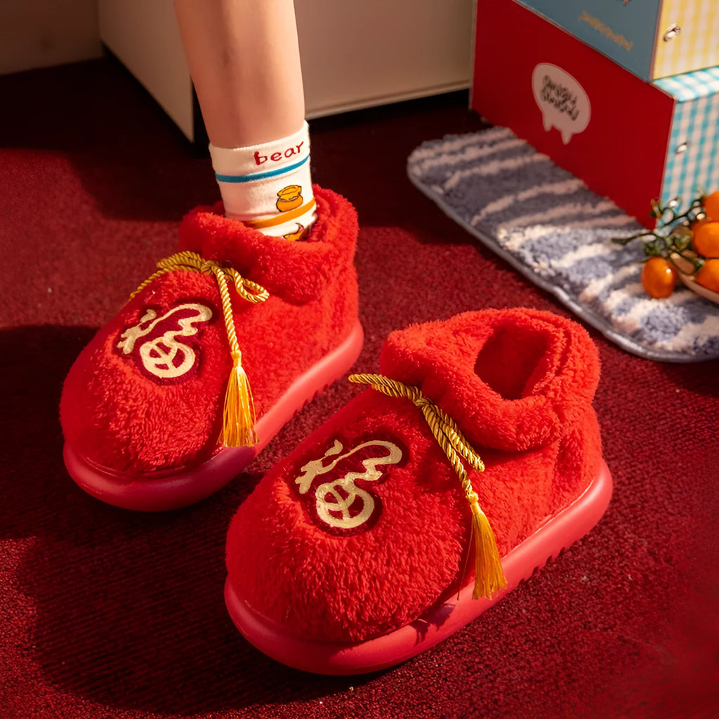 Red ethnic indoor woolen slippers with suede upper and EVA sole, sizes 36 to 45