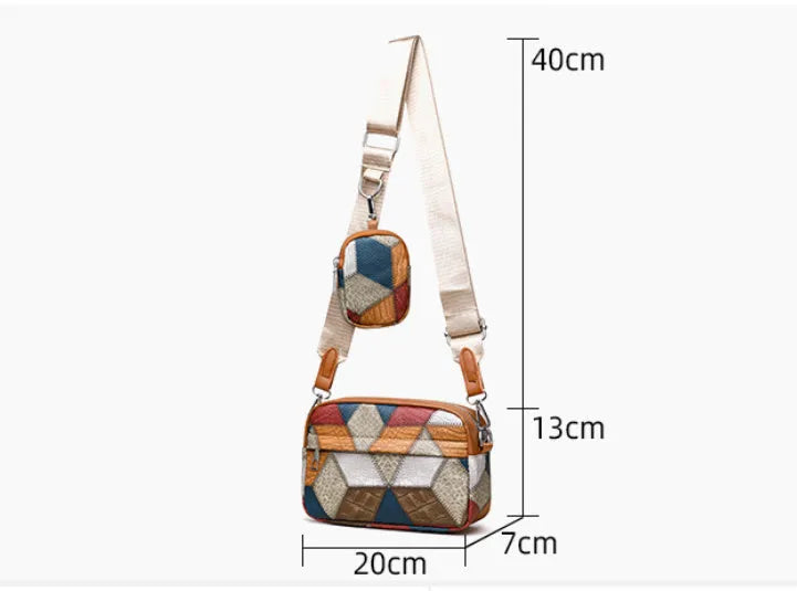 Small square crossbody bag with contrast stitching, PU outer, polyester lining, black or yellow colour matching.