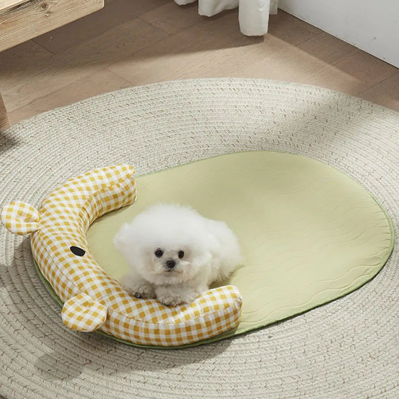 Large green pet cooling mat for dogs and cats, size 75 cm by 55 cm, placed on a floor.