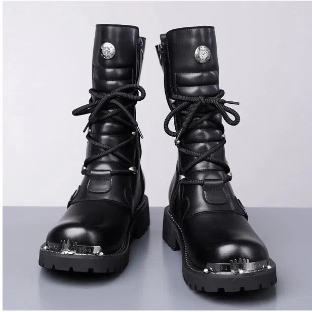 Men's black high-top riding boots with side zipper, round toe, and flat heel in vintage British style