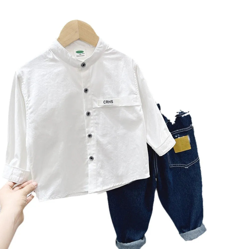 Boys casual solid colour long sleeve cotton shirt in green khaki or white