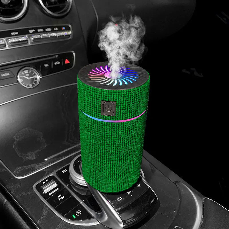Compact white car USB air humidifier with Water Diamond technology measuring 14cm