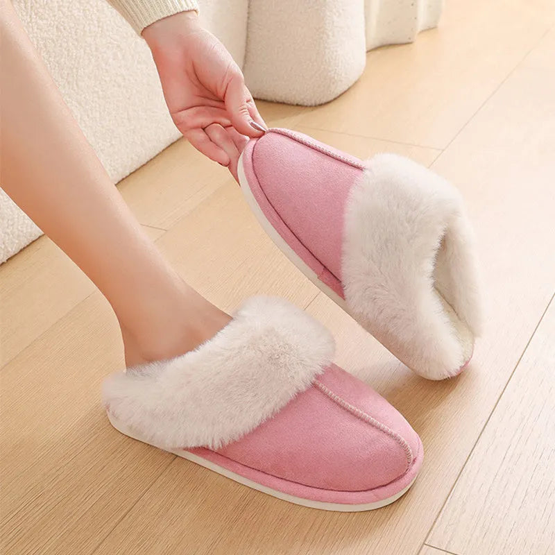 Women's plush indoor slippers with round toe, flat heel, and anti-slip PVC sole in five colour options