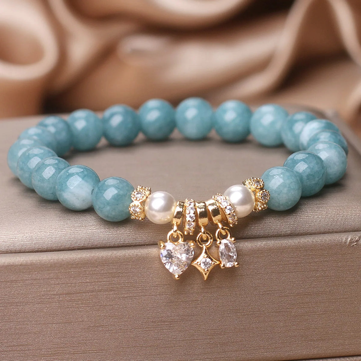 Blue water jade agate bracelet for women with heart-shaped zircon XINGX pendant, ethnic style handmade jewellery