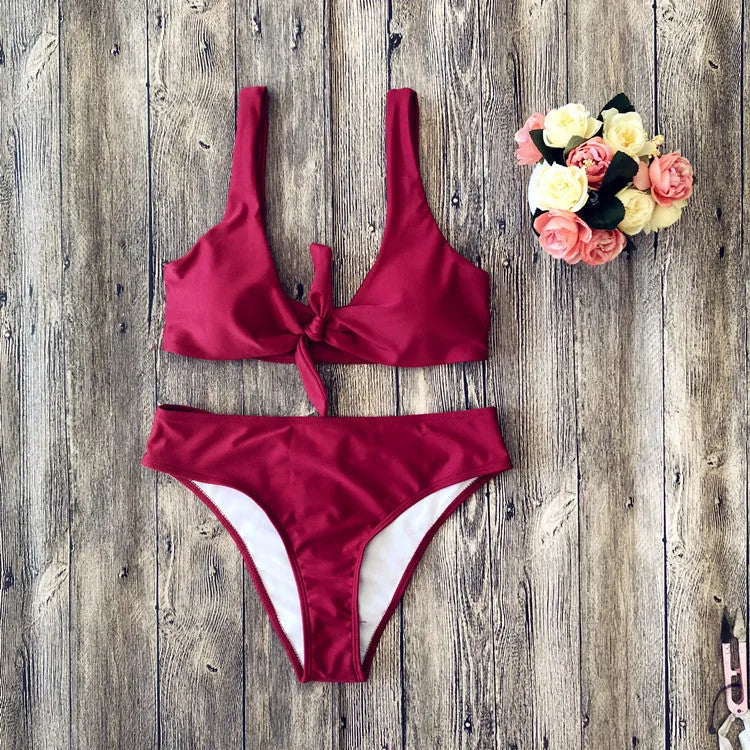 Solid colour polyester bikini set in European American style