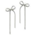 Gold plated bow ribbon dangle earrings with tassel tails on white background