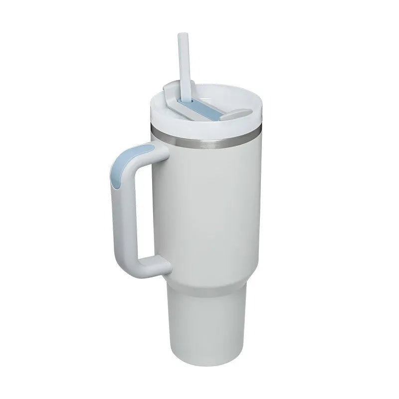 40 oz insulated stainless steel tumbler with handle straw and spill proof lid in a tapered design for car or gym use