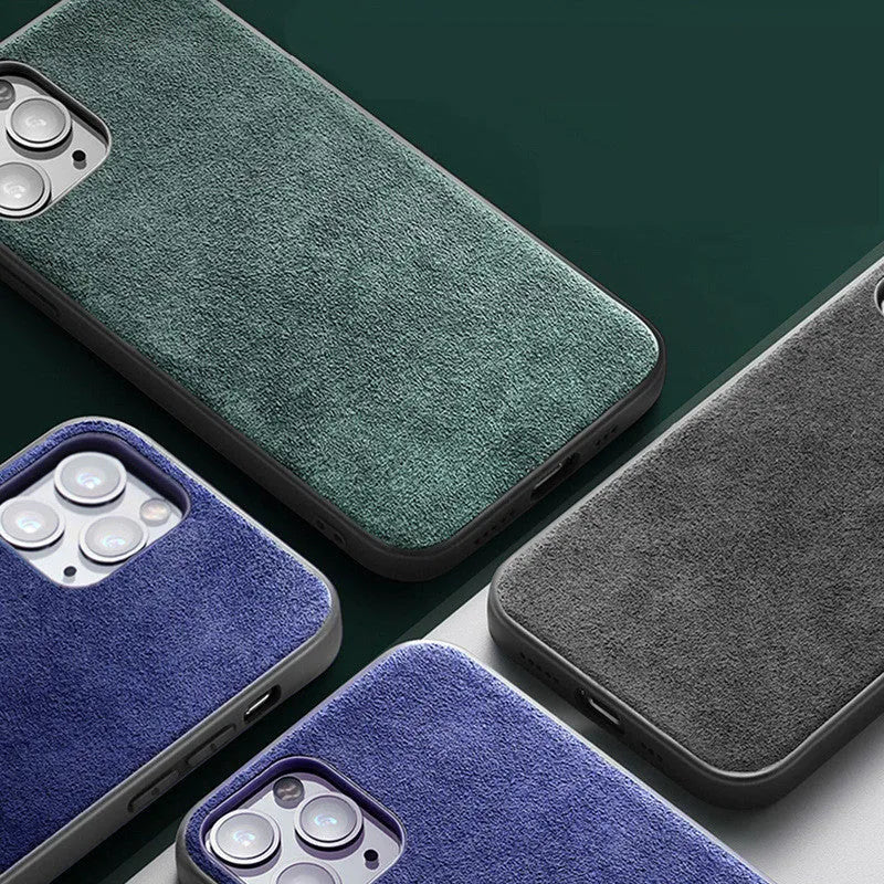 Suede mobile phone case for iPhone in dark blue, dark night green, or elegant black.