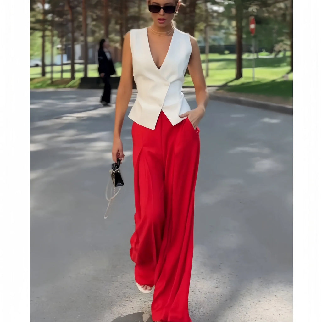Women's beige deep V-neck sleeveless top and high-waist wide-leg trousers two-piece set