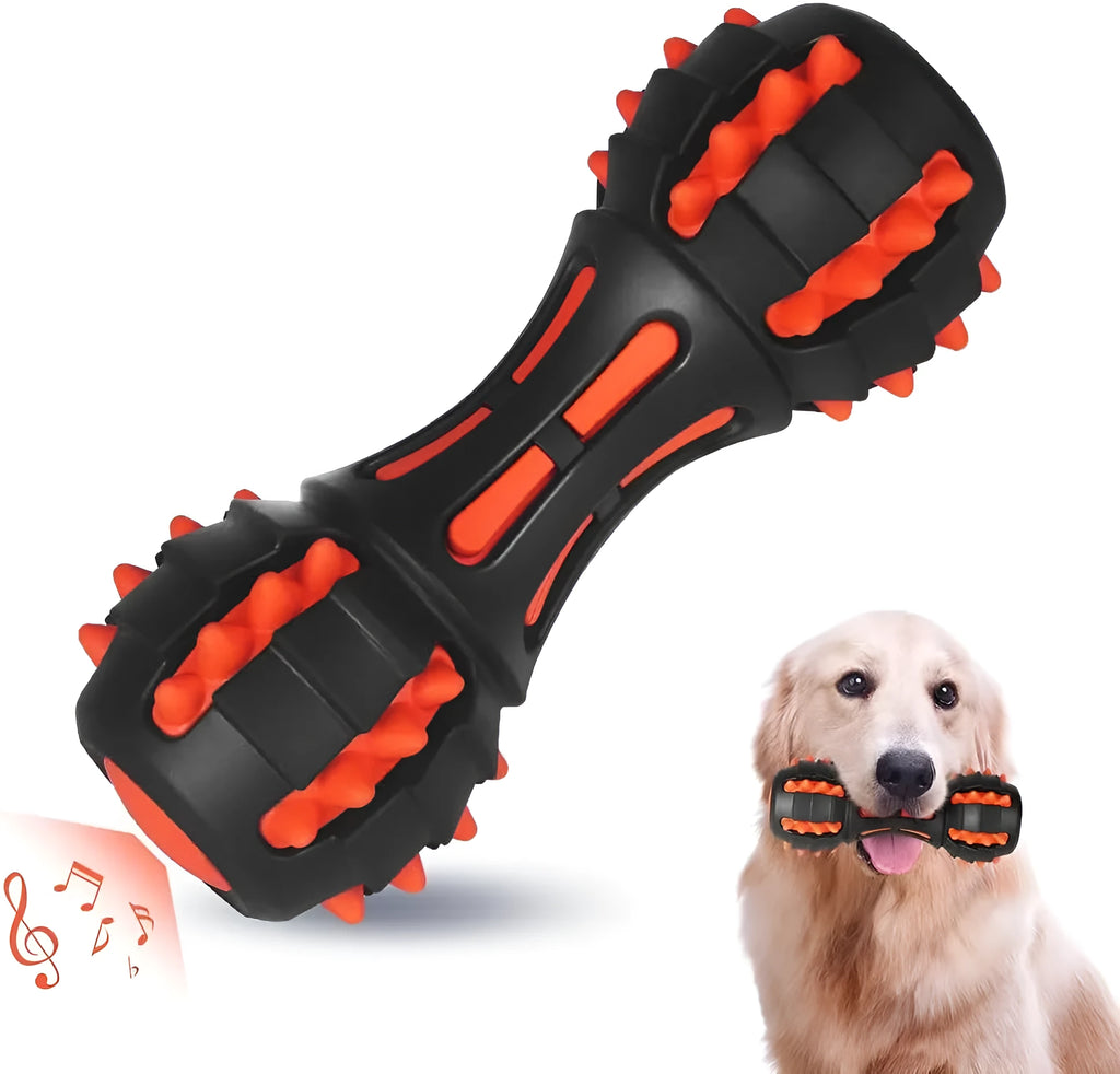 Red dumbbell-shaped dog chew toy with natural rubber construction and squeaky function
