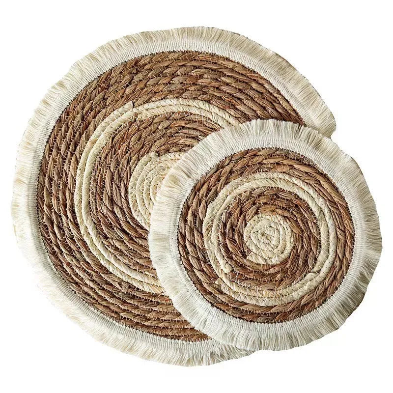 Round Japanese straw placemat with natural papyrus weave and tassel detailing in corn rope or plain style