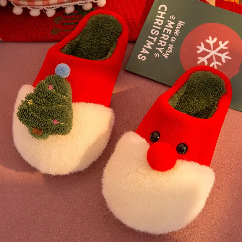 Christmas plush slippers for women with Santa Claus and Christmas tree design, warm non-slip house shoes in red, yellow, or blue.