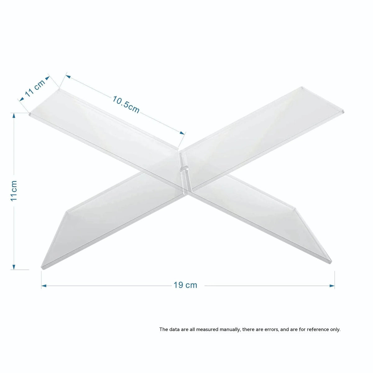 Clear acrylic X-shaped desktop book display rack holding a book.