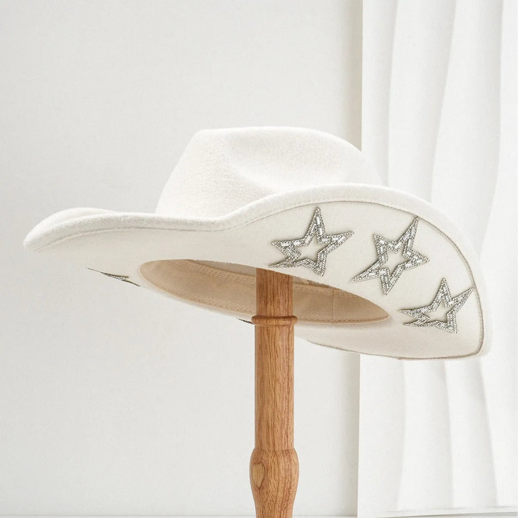 Western denim top hat with conical crown and hexagonal star decoration in medium size M