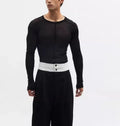 Black slim-fit mesh see-through long sleeve PU pullover on a hanger