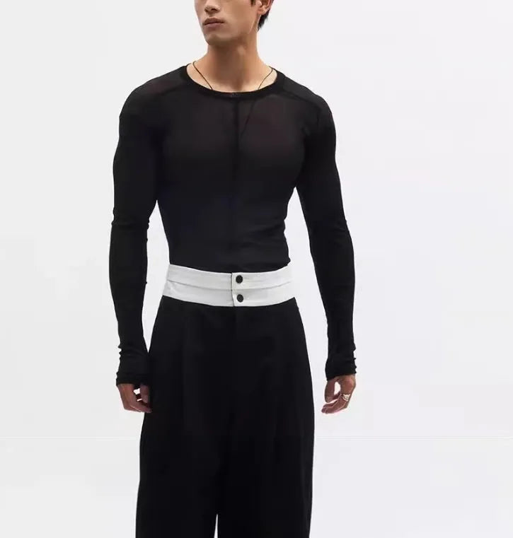 Black slim-fit mesh see-through long sleeve PU pullover on a hanger
