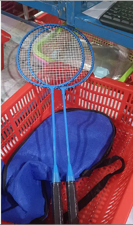 A pair of ultra-light alloy badminton rackets in blue and red colours.