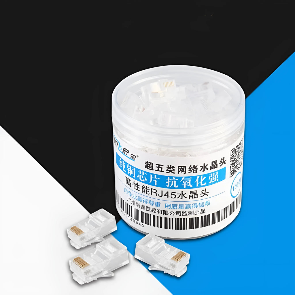 White Category 6 RJ45 crystal plug in canned pack with 100 pieces, injection moulded