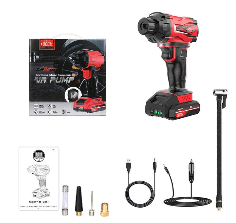 Red and black portable car air pump with digital display, 12V cable, and multiple nozzle attachments