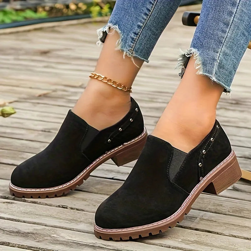 Women's plus size suede ankle boots with low heel and elastic band in light brown