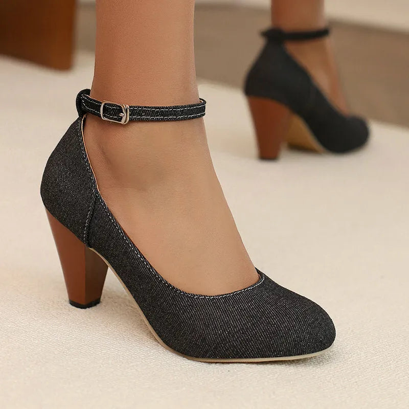 Blue denim women's high heel boots with a buckle strap and waterproof platform sole.