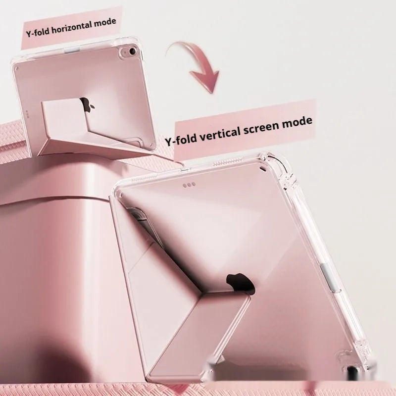 Clear acrylic iPad protective cover with a folding stand, shown in multiple colour options.