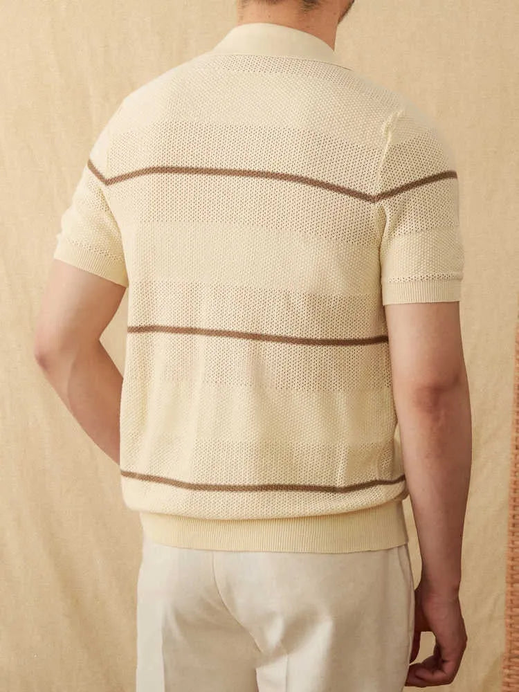 Men's camel coloured lapel cardigan with short sleeves, made from a cotton linen knitted fabric.