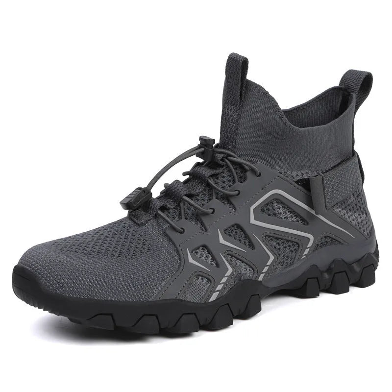 Unisex outdoor hiking shoes with breathable cloth upper and rubber outsole, available in four colours and sizes 35 to 50.