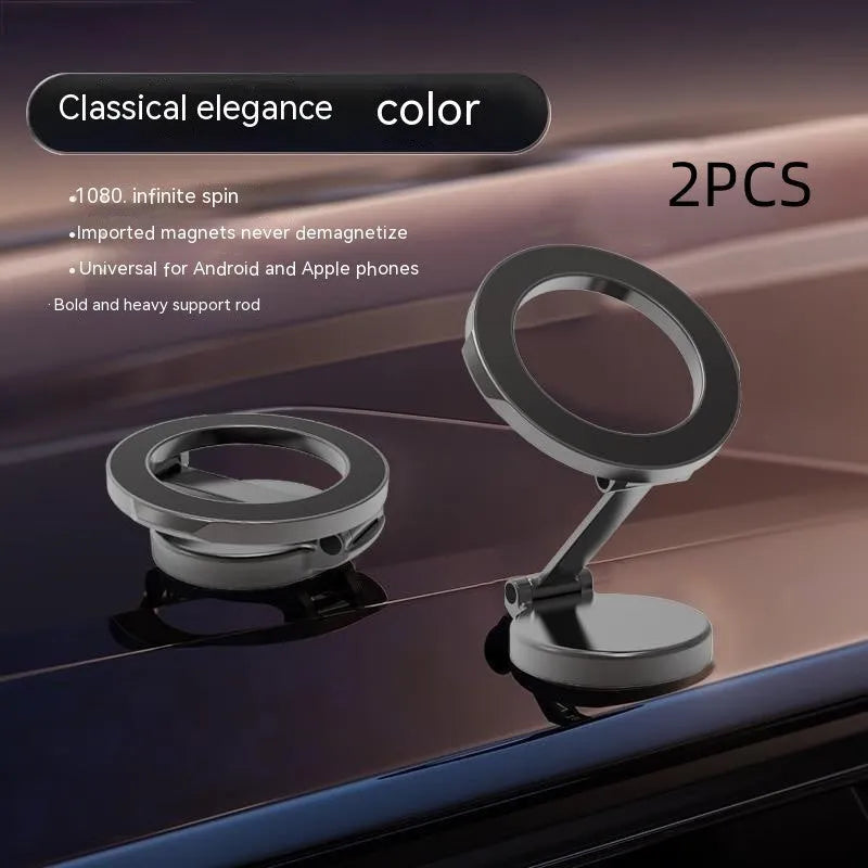 Foldable all-metal magnetic car phone mount in Qian colour on a car dashboard.
