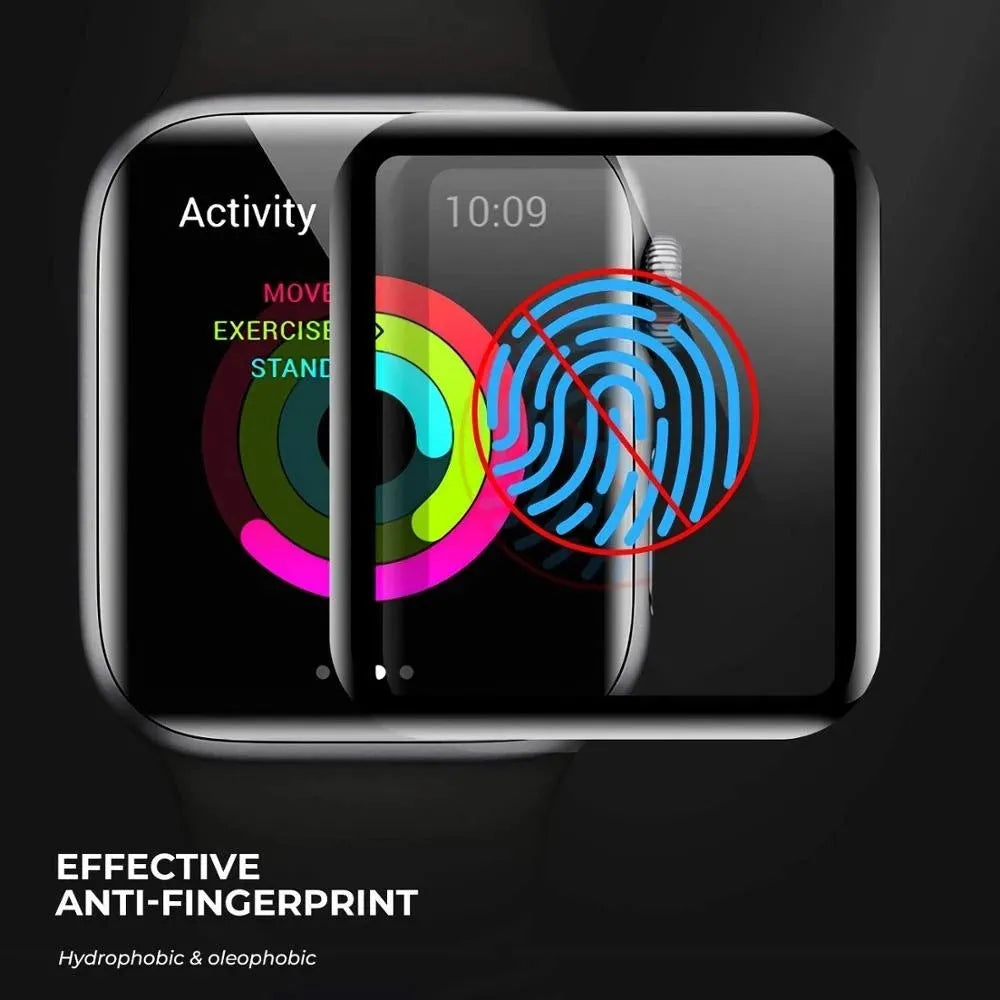 PMMA curved full screen protective film for Apple Watch in transparent black, sizes 38mm to 49mm