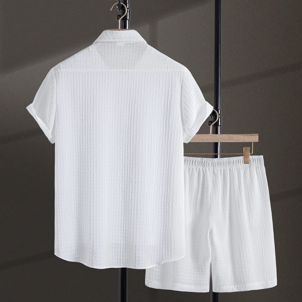 Men's black and white jacquard pattern shirt and shorts casual set on hanger