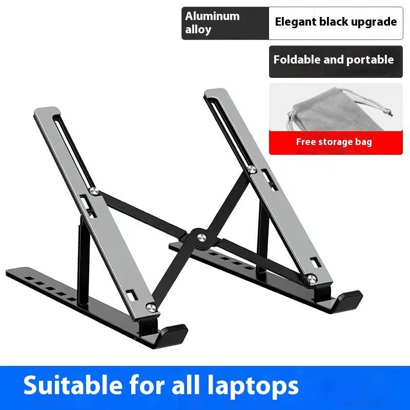Silver aluminium alloy folding laptop stand holding a notebook, shown next to its cloth storage bag.