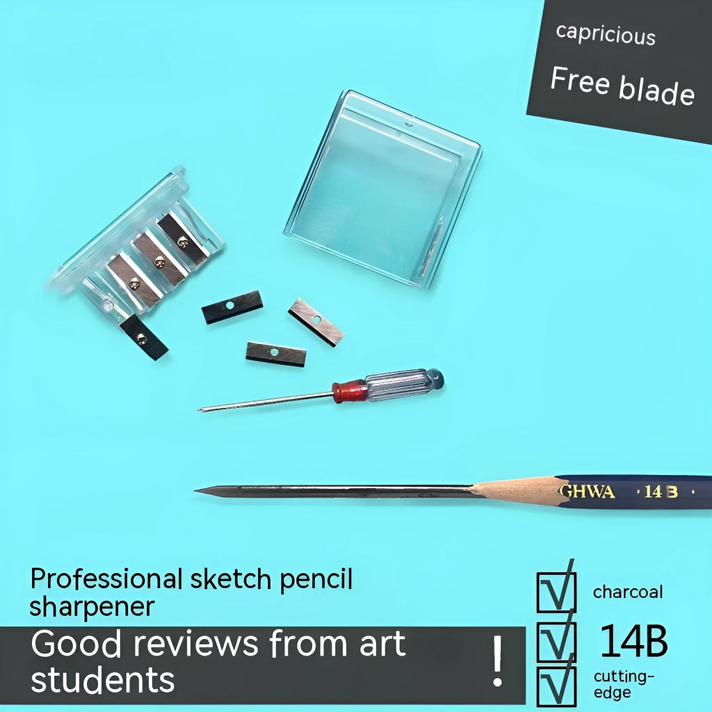 Four-hole plastic pencil sharpener with geometric boxed design and screwdriver
