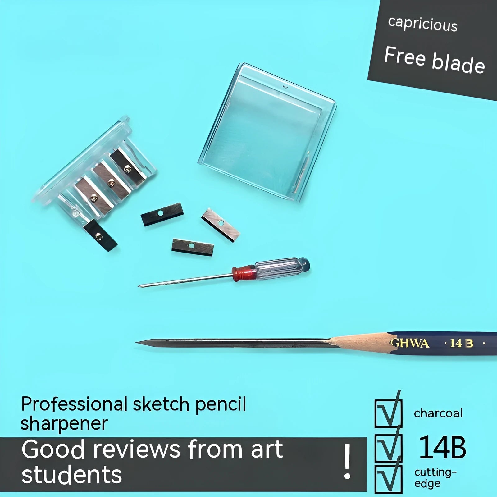 Four-hole plastic pencil sharpener with geometric boxed design and screwdriver
