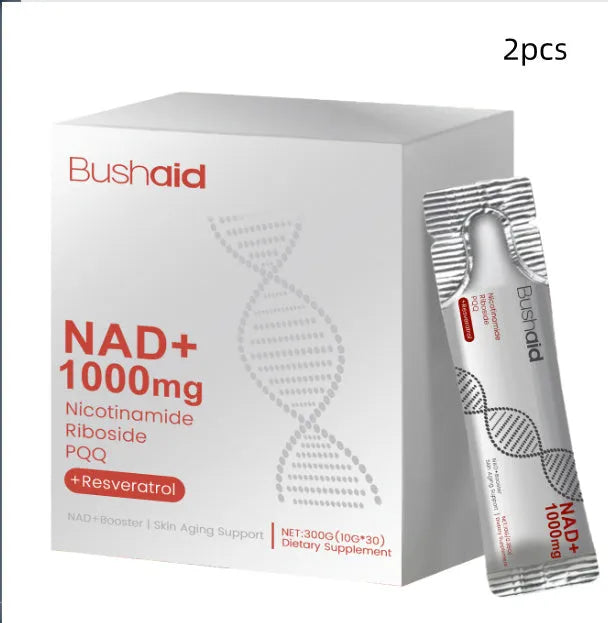 Container of anti-ageing drink powder supplement with nicotinamide riboside and resveratrol.