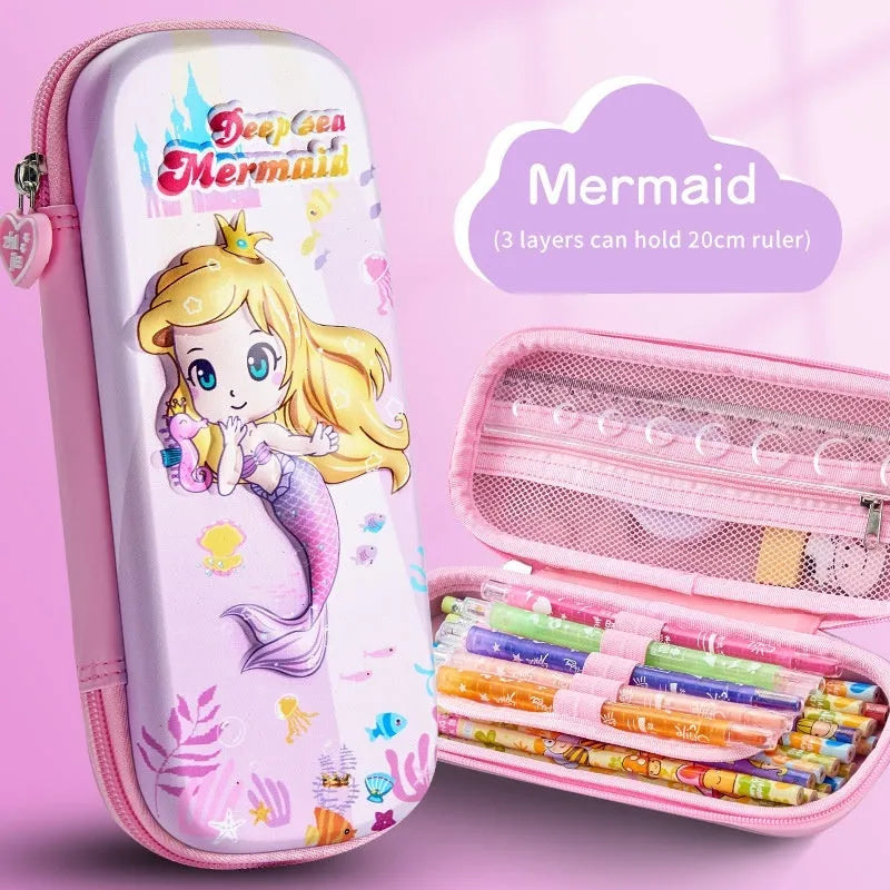 3D leather pencil case showing multiple design options including space, fantasy and animal themes